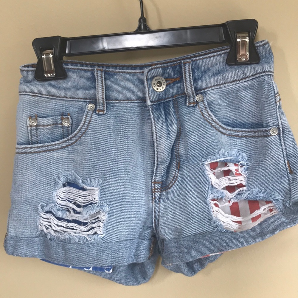 Bullhead high rise, distressed denim shorts